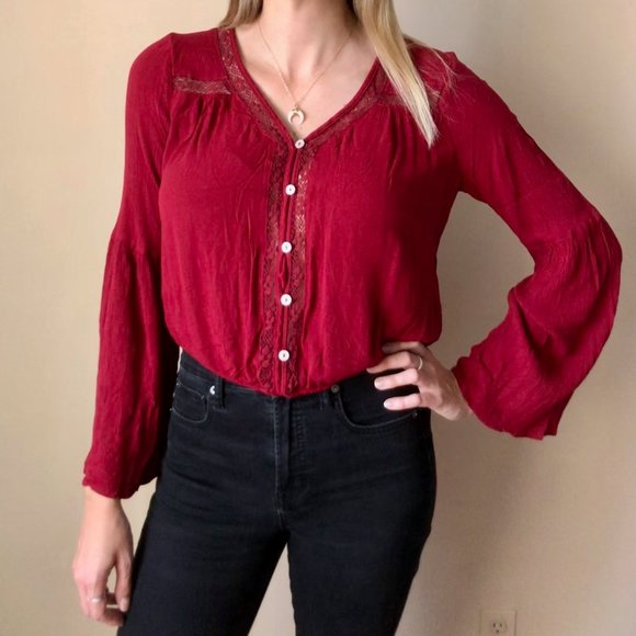 LACE BELL SLEEVE BUTTON UP BLOUSE - Picture 1 of 4
